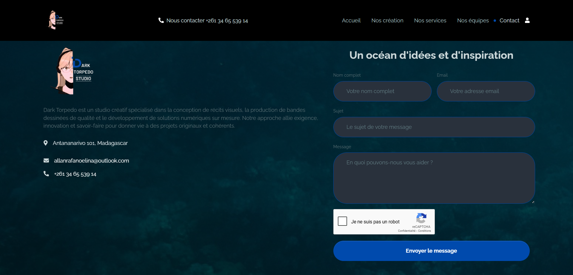 Page contact du site Dark Torpedo Studio