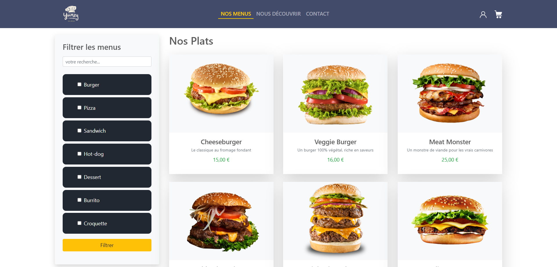 Page menus du site Yumzy